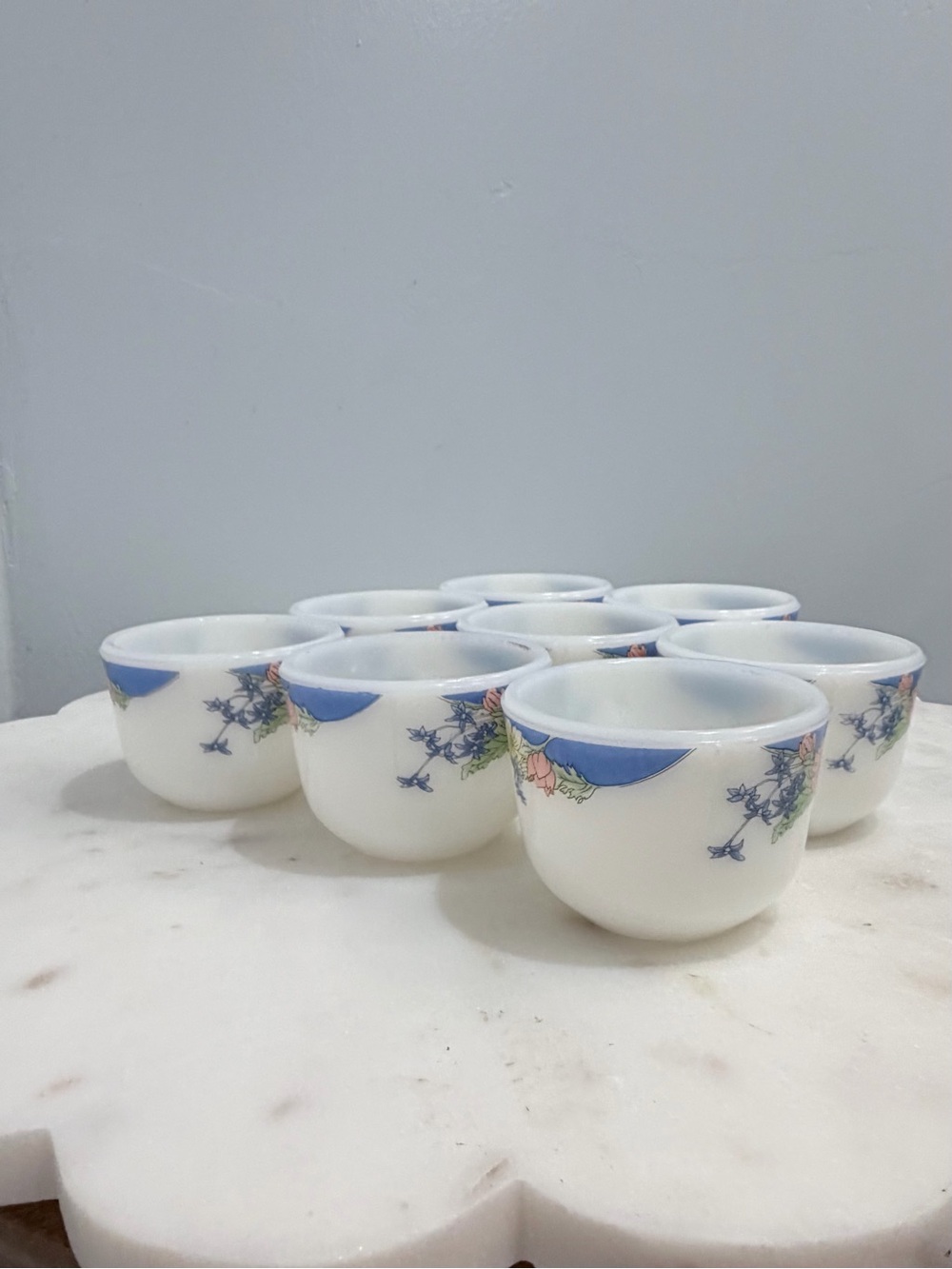 Vintage 90s Duropal French Opal Glass Teacups Set 7 Floral Blue Rim Coffee Cups - Picture 6 of 13